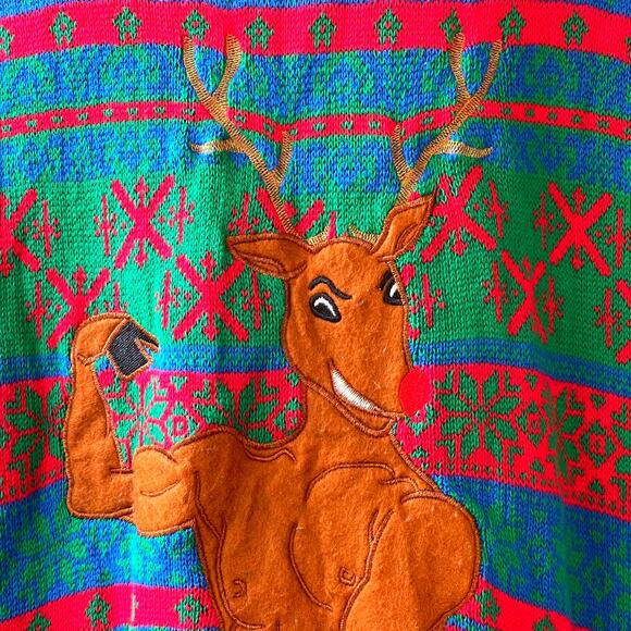 Blizzard Bay NUDE-olph the Body Builder Reindeer Ugly Christmas Sweater Size Med - Picture 2 of 6